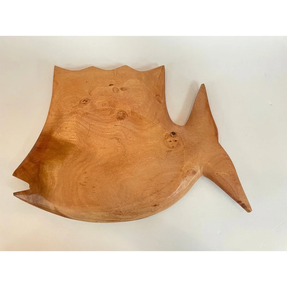 Vintage Hand Carved Wooden Fish‎ Bowl Serving Tray Coastal Tropical Decor Large